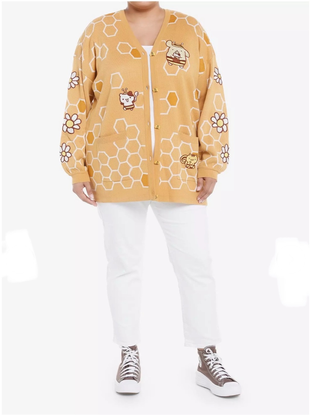 Sanrio Pompompurin Cardigan  Yellow Honeycomb Button Up Muffin Bagel sz 2X